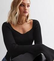 New Look Black Ribbed Knit Flared Sleeve Corset Top